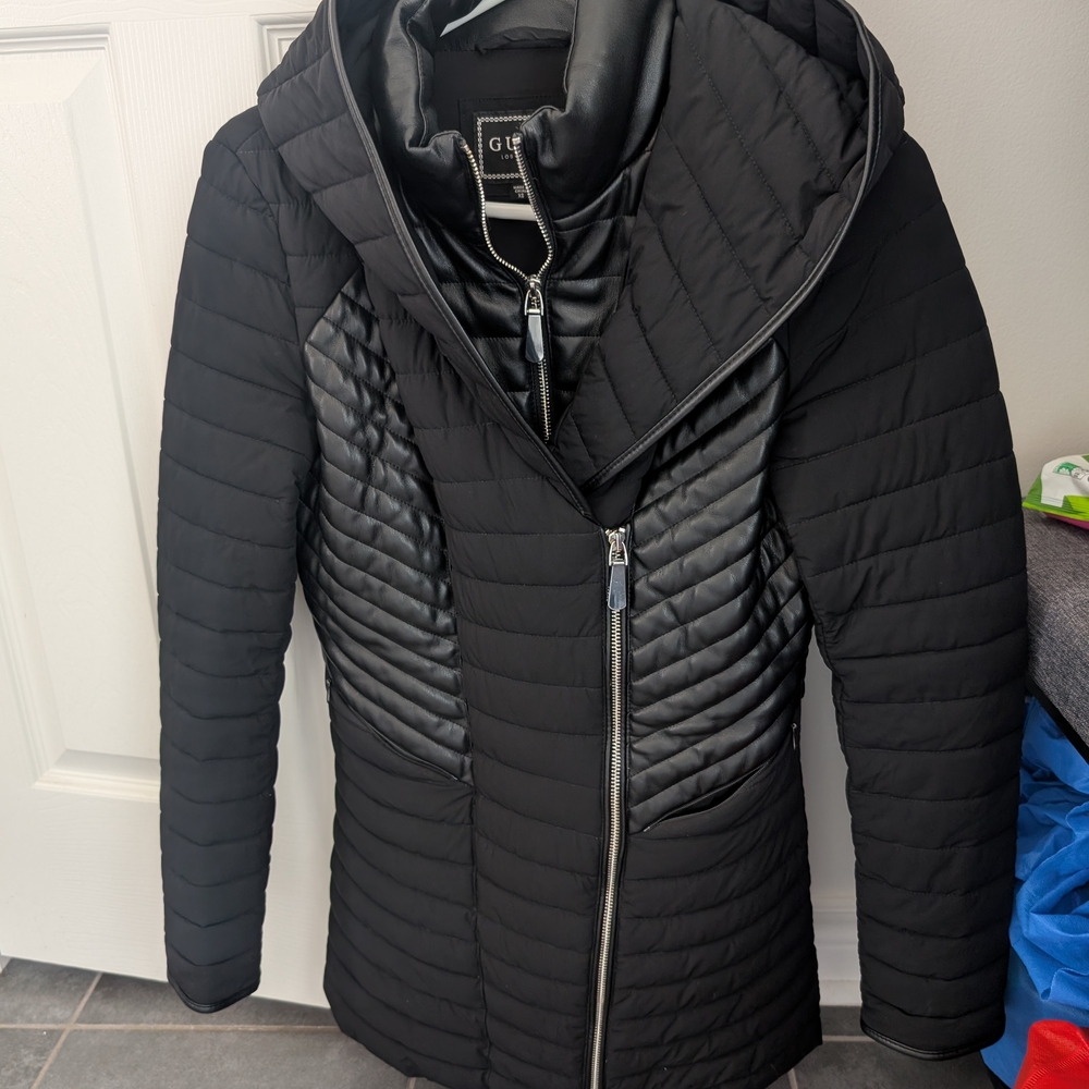 Guess Black Quilted Puffer Jacket With Faux Leather Details